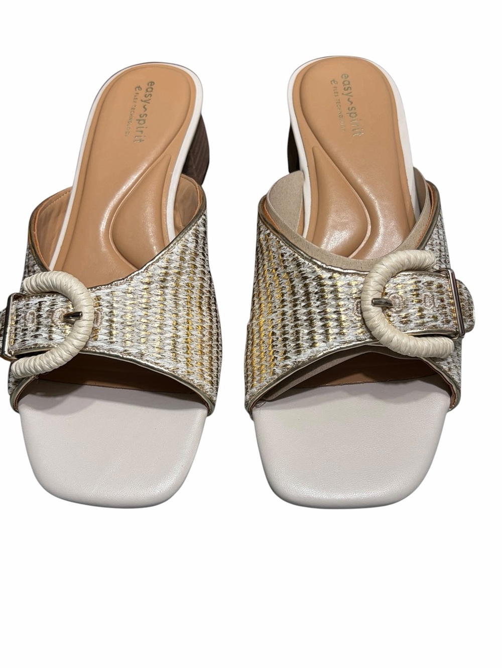 Easy Spirit White and Gold Woven Buckle Slide Mules